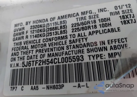 2012 Honda Crosstour Ex-L z USA, uszkodzony, nr VIN 5J6TF2H54CL005593